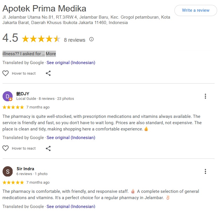 Rating Apotek Prima Medika di Google 4.5 bintang