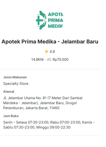 Rating Apotek Prima Medika di GrabMart 4.9 bintang