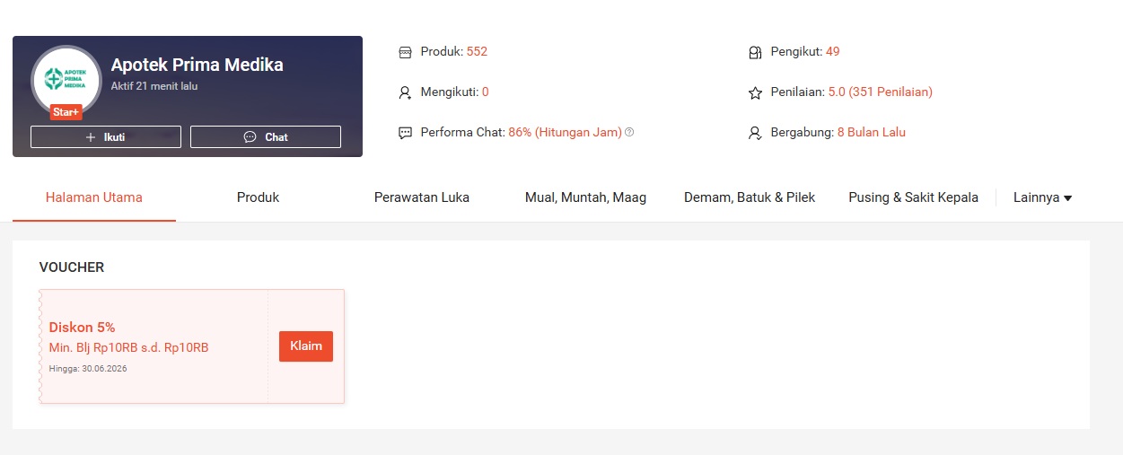 Rating Apotek Prima Medika di Shopee 5.0 dari 351 penilaian